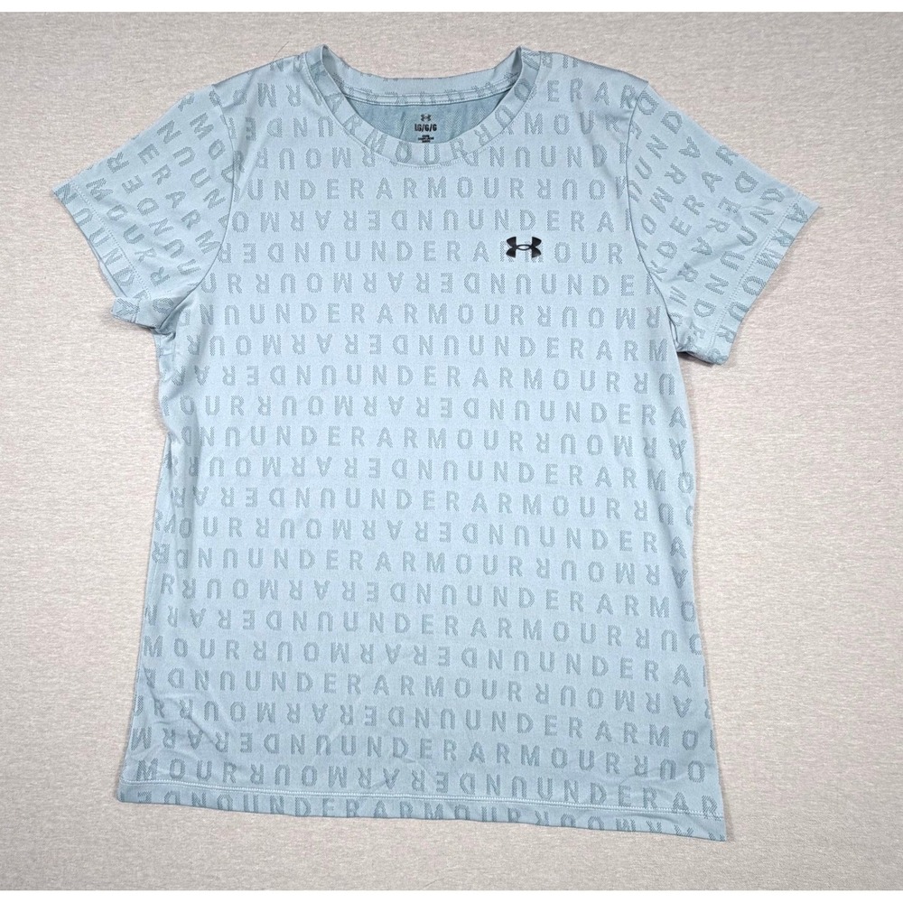 Under Armour Womens Light Blue All Over Logo Short Sleeve Activewear Shirt LG